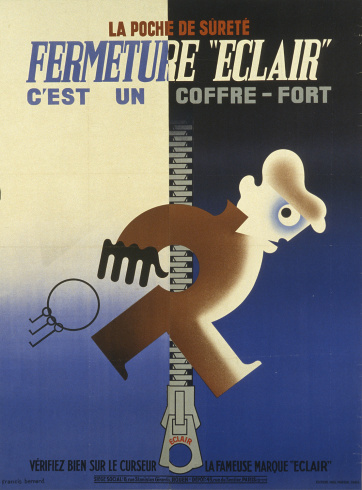 Francis Bernard, Publicité pour la Fermeture "Éclair", la poche de sûreté, vers 1935. Lithographie en couleur, 150 × 120 cm.